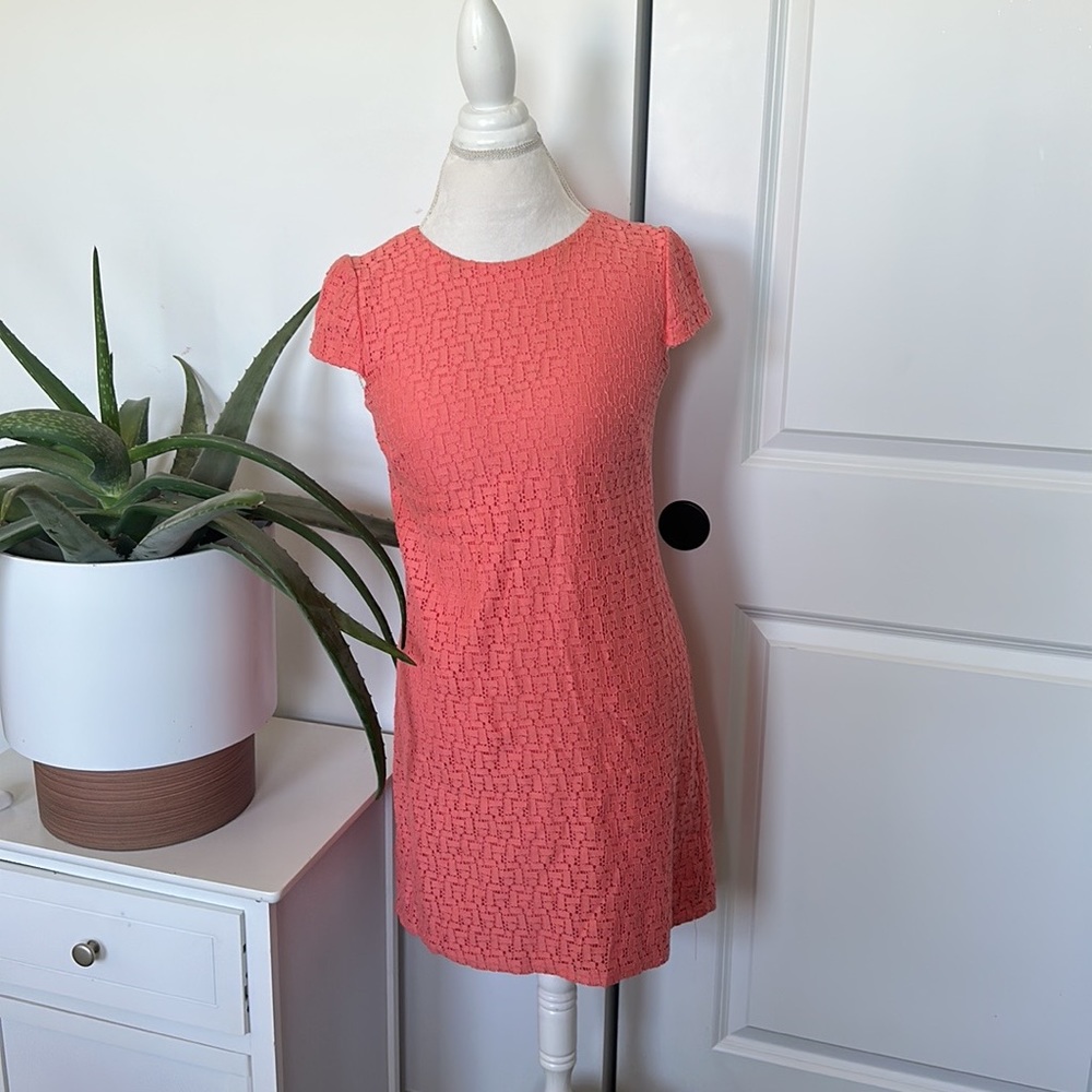 Coral pink lace eyelet fitted midi dress with cap sleeves